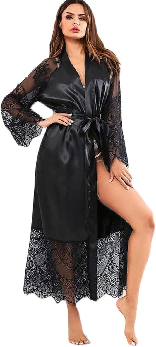 Long Black Satin & Lace Gown