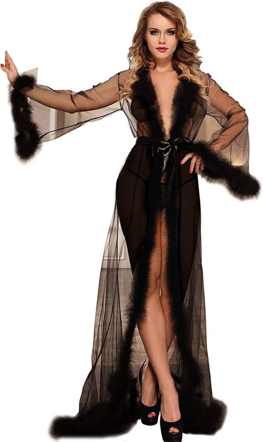 Black Sheer Sexy Long Gown with Feathers