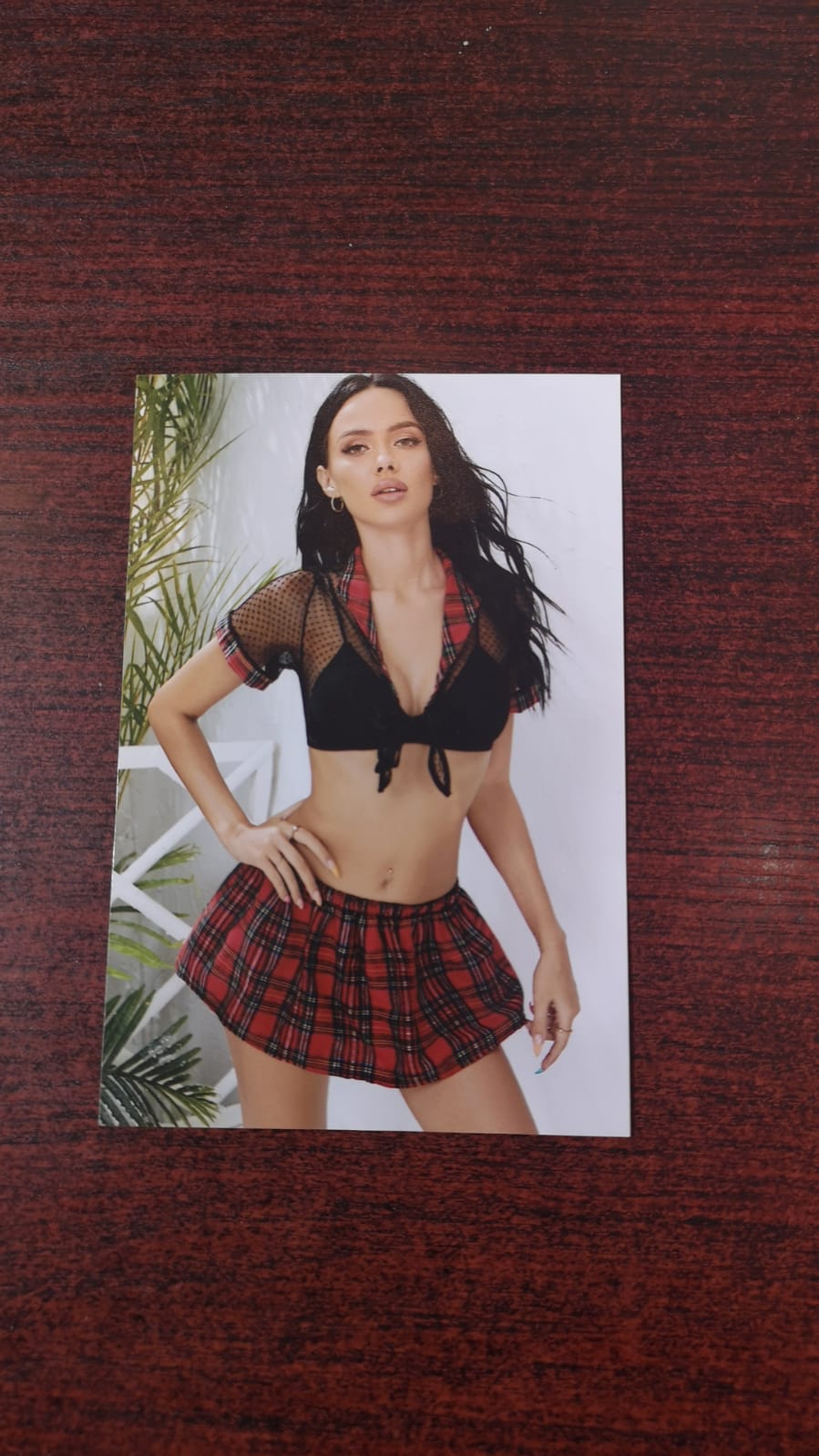 SCHOOL GIRL - RED BLK MESH TOP PNK BOX