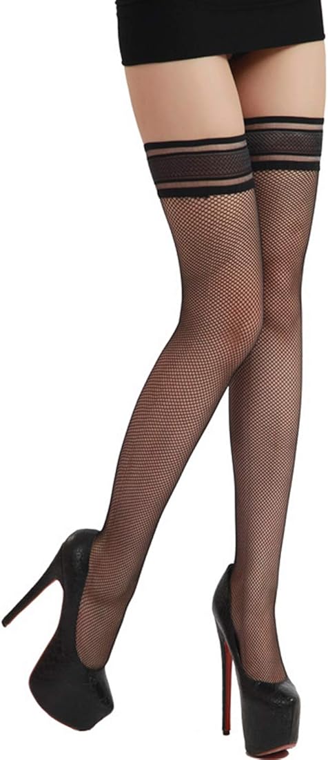 Black Thigh High Fishnet Stockings with Silicone Hold Up