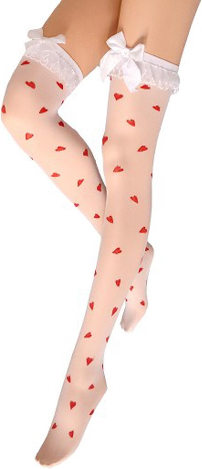 White Thigh High Stockings with Seductive Red Heart Motif and White Bows