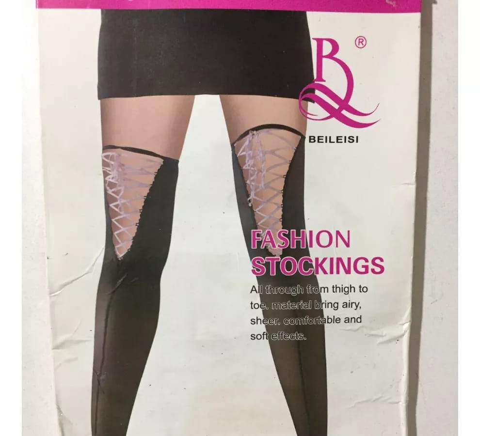 Thigh High Black Stockings with Pink Ribbon Lace Ups