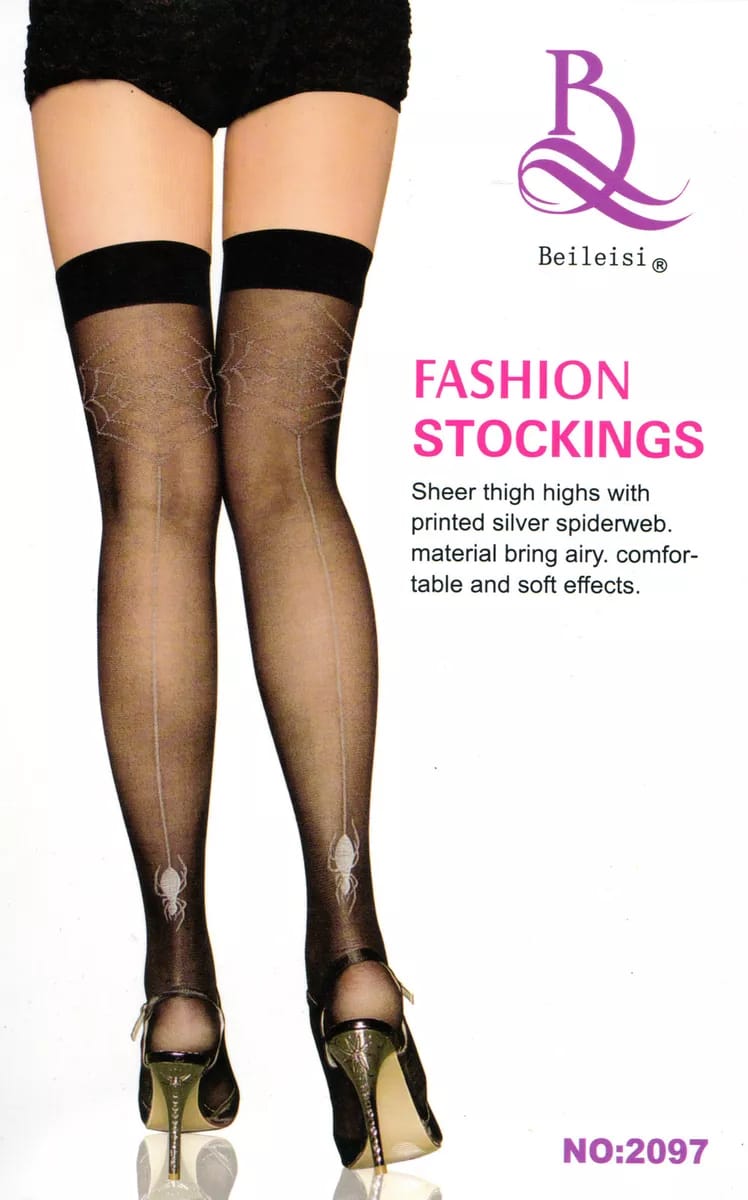 Sheer Black Thigh High Stockings with Printed Silver Spiderweb Motif