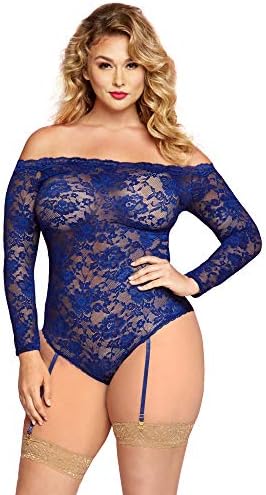 Luxurious Lace Long Sleeve Royal Blue Teddy with Suspenders